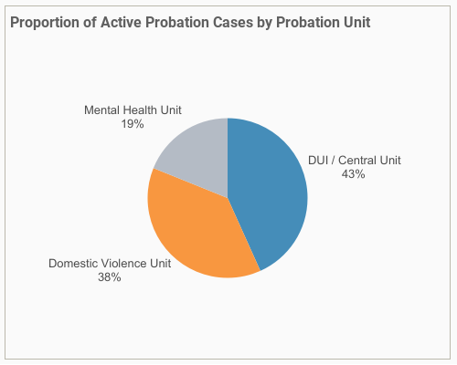 Screenshot of Proportion of Active Probation Cases by Probation Unit pie chart: 19% Mental Health Unit, 38% Domestic Violence Unit, 43% DUI/Central Unit