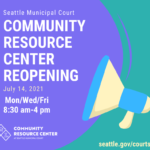 Megaphone announcing "Community Resource Center Reopening July 14"