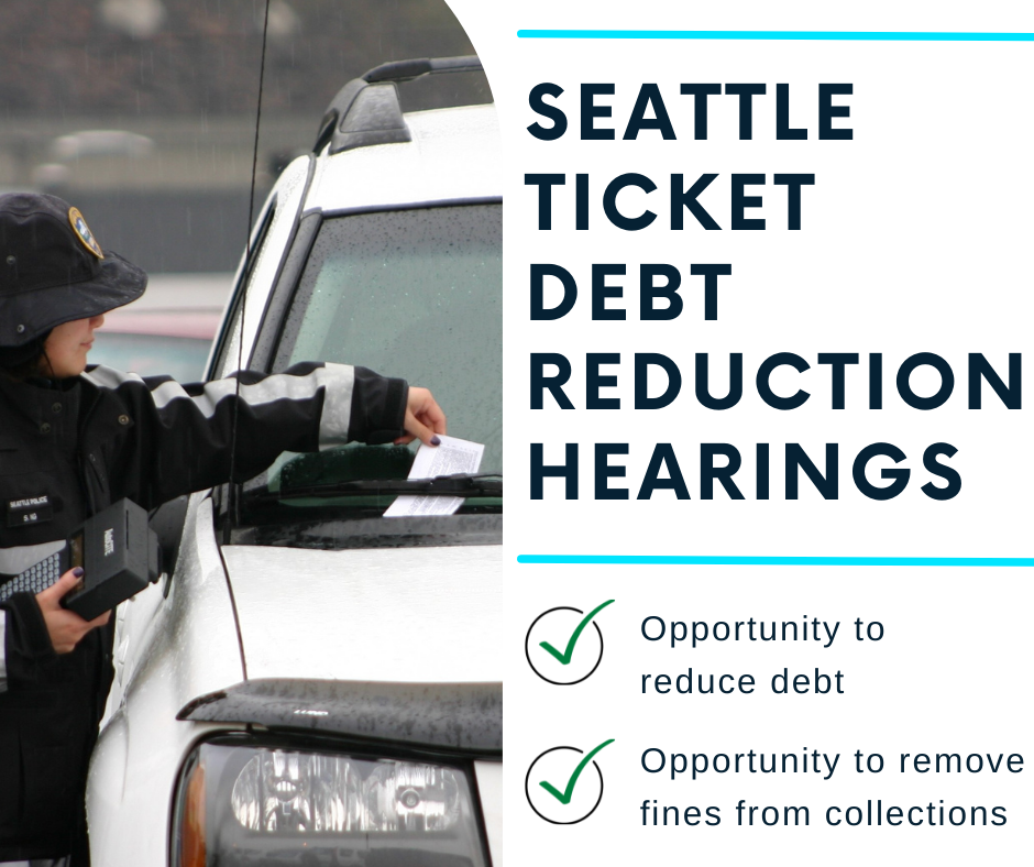 photo of Parking Officer placing ticket on windshield. Text reads Seattle Ticket Debt Reduction Hearings, opportunity to reduce debt, opportunity to remove fines from collections
