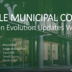 Screenshot of webinar introduction slide with green background image of courthouse entrance. Small speaker videos are in the corner, with Judge Chess speaking
