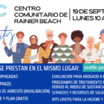 SMC in the Community event banner with a group of smiling and waving cartoon people and event info in Spanish