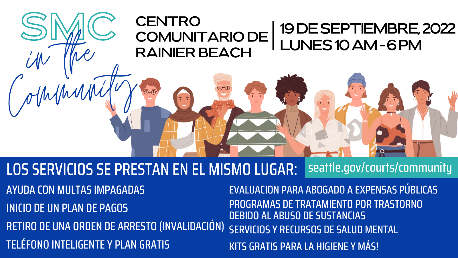 SMC in the Community event banner with a group of smiling and waving cartoon people and event info in Spanish