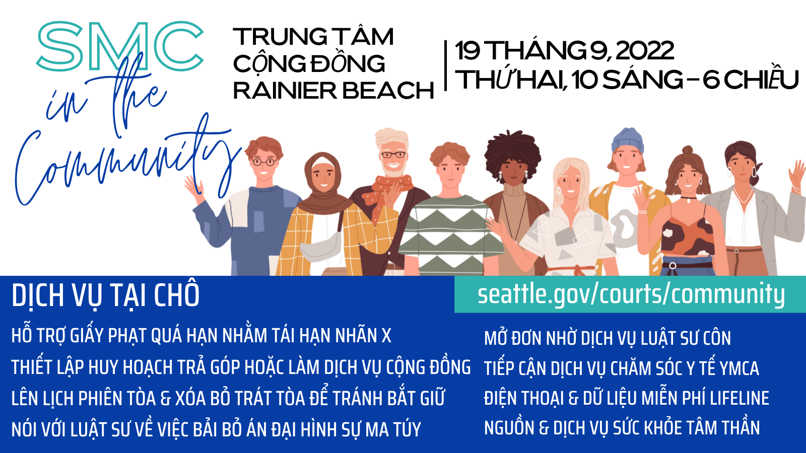 SMC in the Community event banner with a group of smiling and waving cartoon people and event info in Vietnamese