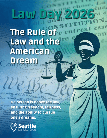 Law Day 2026 image depicting a woman holding the scales of justice